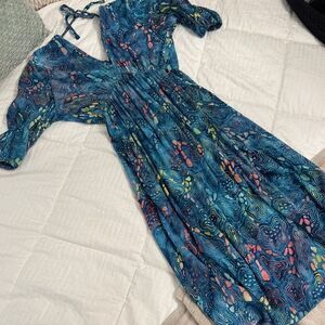 Go Fish Imperial Waist Double V Neckline Vibrant Blue Patterned Midi Dress- XS